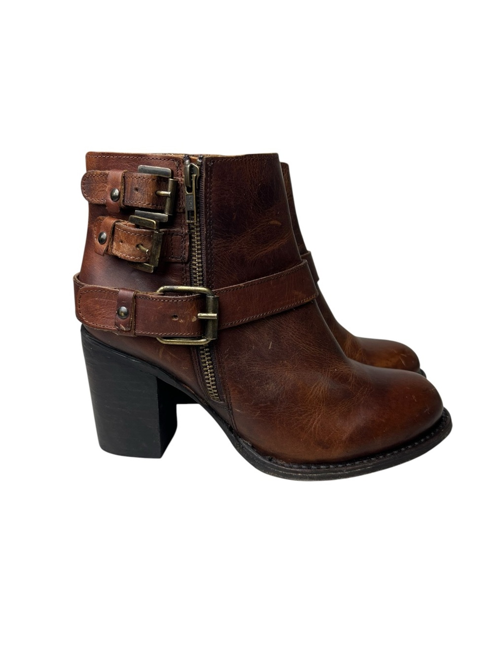 Freebird Bolo Brown Buckled Distressed Leather Heeled Ankle Boots Size Womenβs 8